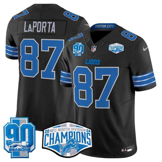 Mens Detroit Lions #87 Sam LaPorta Black 2024 NFC North Champions 90th Anniversary Patch F.U.S.E. Vapor Limited Stitched Jersey